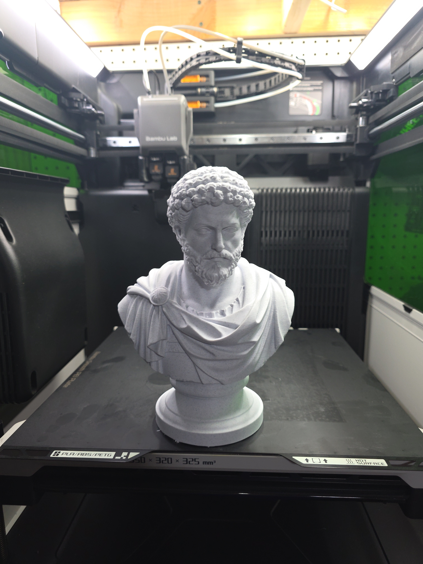 Marcus Aurelius bust in stone finish filament on the build plate