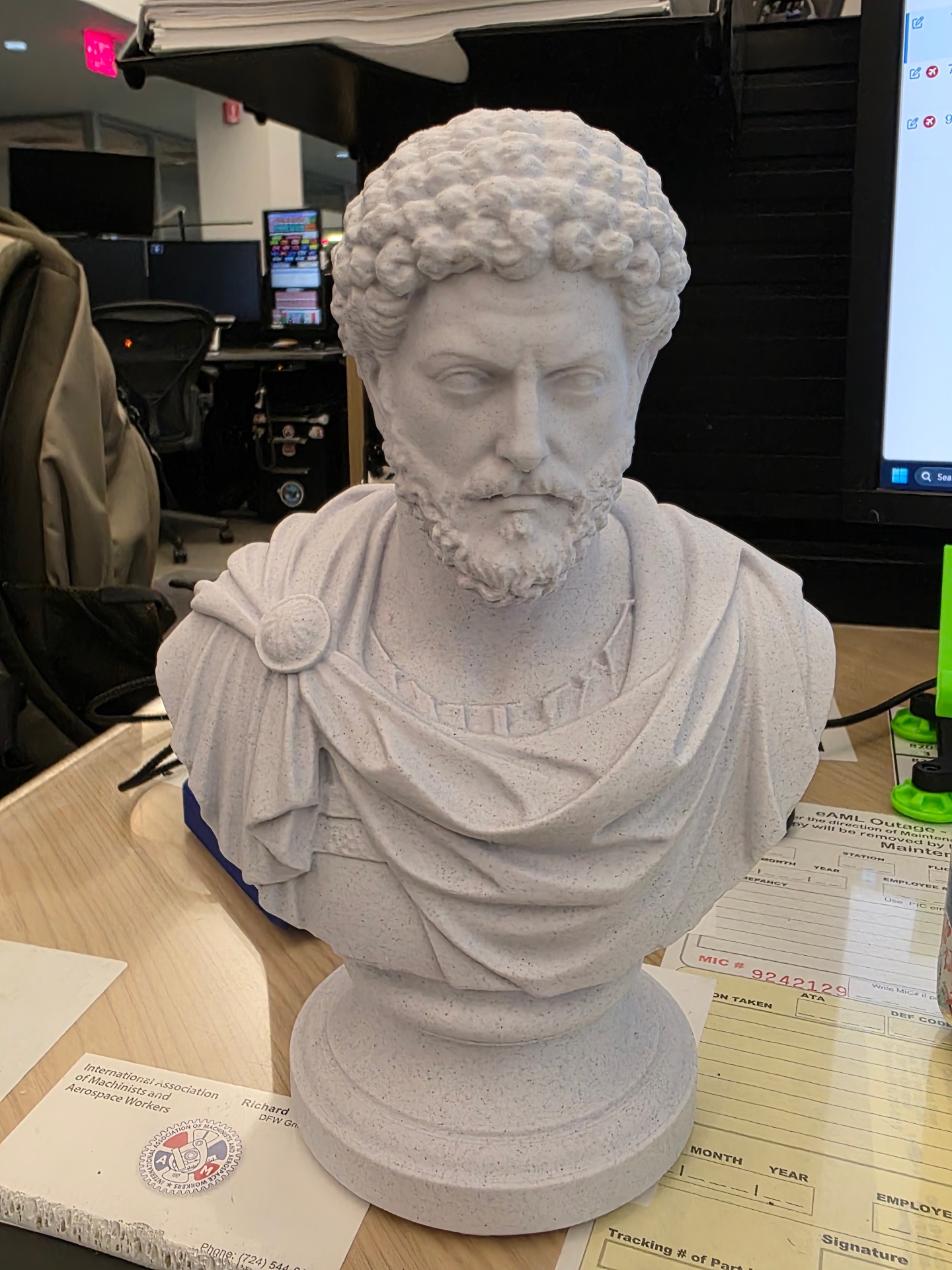 Finished Marcus Aurelius bust in stone finish filament on a desk